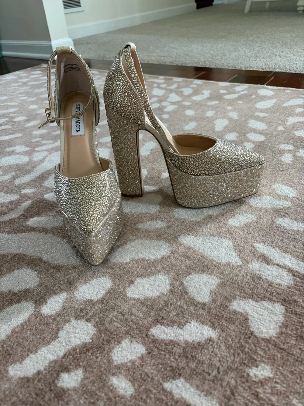 Steve Madden Prompt Gold Crystal Platform Pumps with Ankle Strap